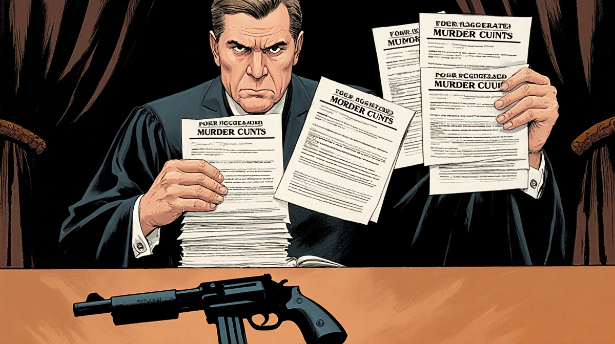 Judge holding stack of murder indictments with gun silhouette on courtroom floor