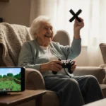 81-year-old grandma playing Minecraft with controller and celebrating victory while holding pixelated X symbol