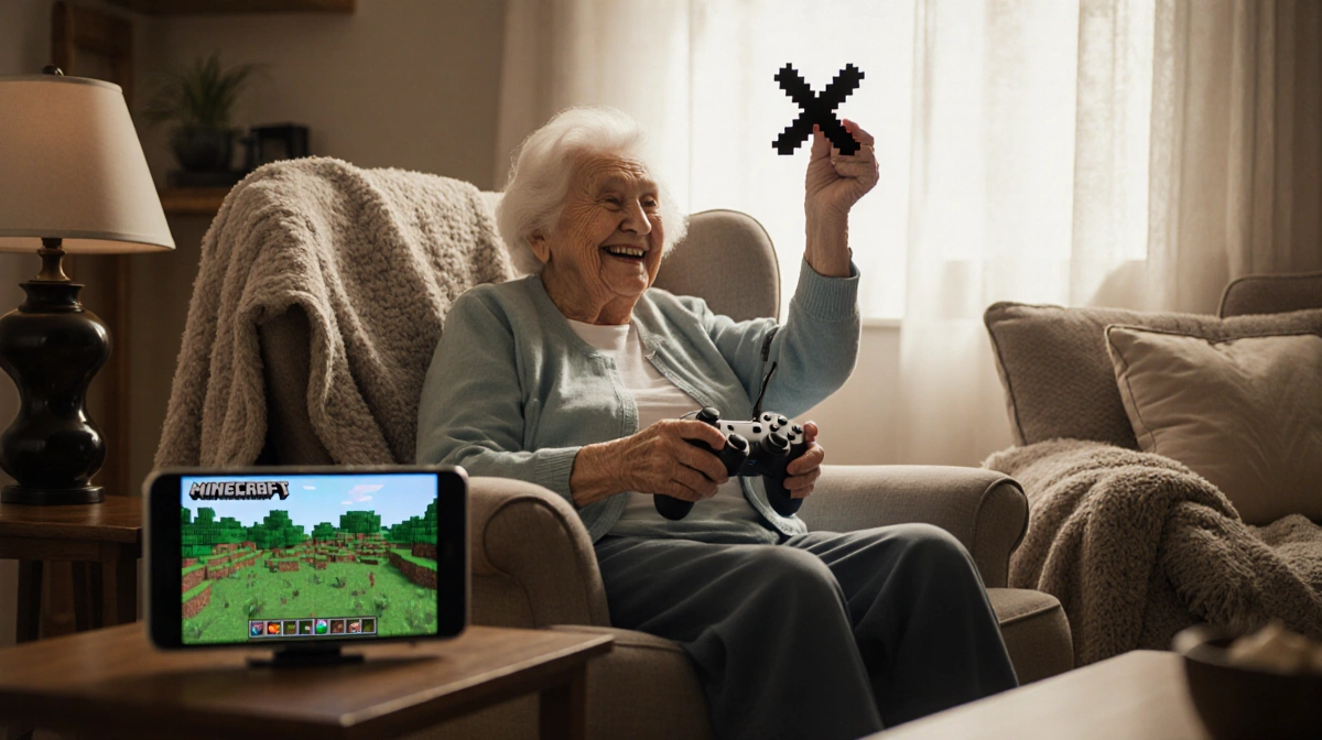 81-year-old grandma playing Minecraft with controller and celebrating victory while holding pixelated X symbol