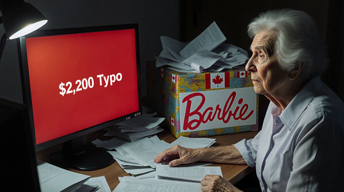 Grandma sits shocked at desk with computer showing 2200 dollar error message and Barbie box from Canada behind her
