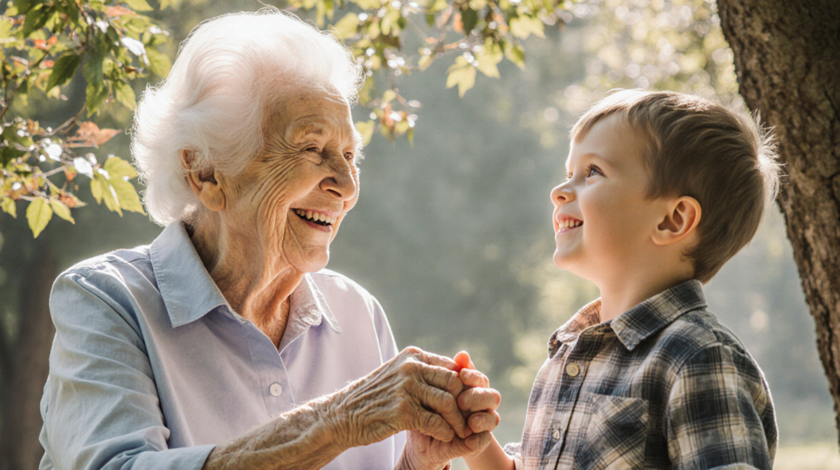 Grandmother holds child's hand with warm smiles under sunlight filtering through trees in a cozy outdoor setting