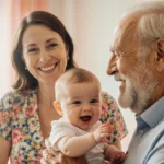 Grandmother holding baby with grandfather smiling and baby touching his beard with soft natural lighting