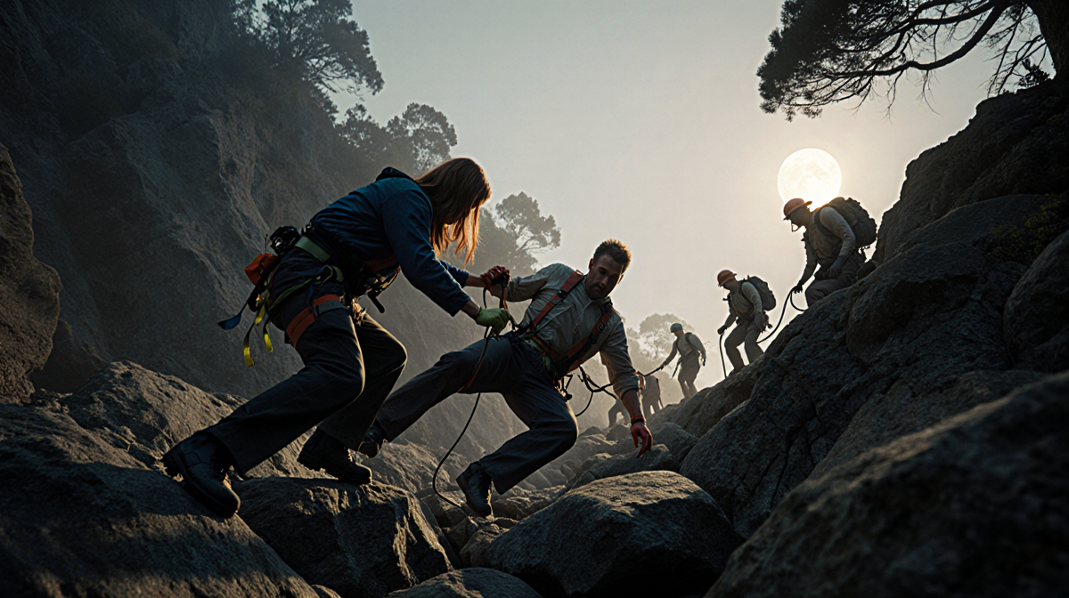 Grant Gunderson being pulled up by rescuing hands with wife and hopeful 40‑person search team near Mount Tamalpais