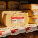 Grocery shelf holds grated cheese with warning labels and health hazard signs showing food safety concerns