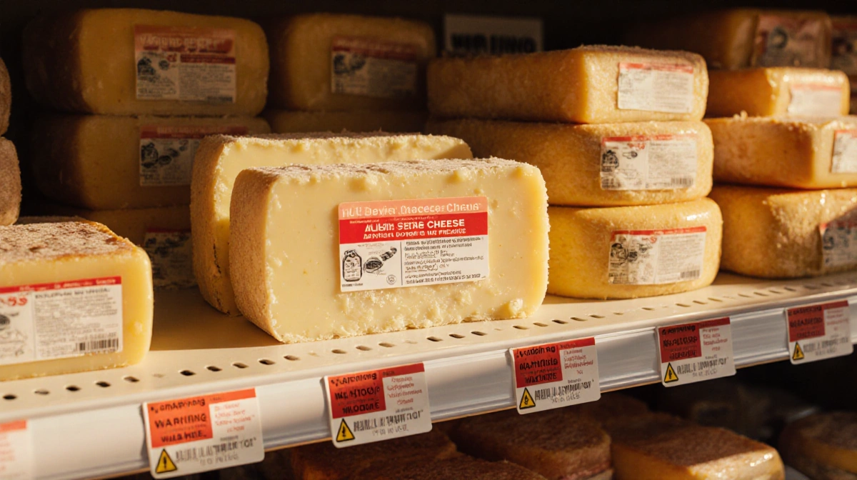 Grocery shelf holds grated cheese with warning labels and health hazard signs showing food safety concerns