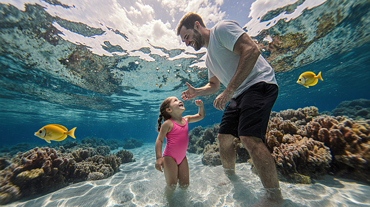 Chandler Powell holds his hand up guiding daughter Grace into shallow Great Barrier Reef water with bright coral and sunlight
