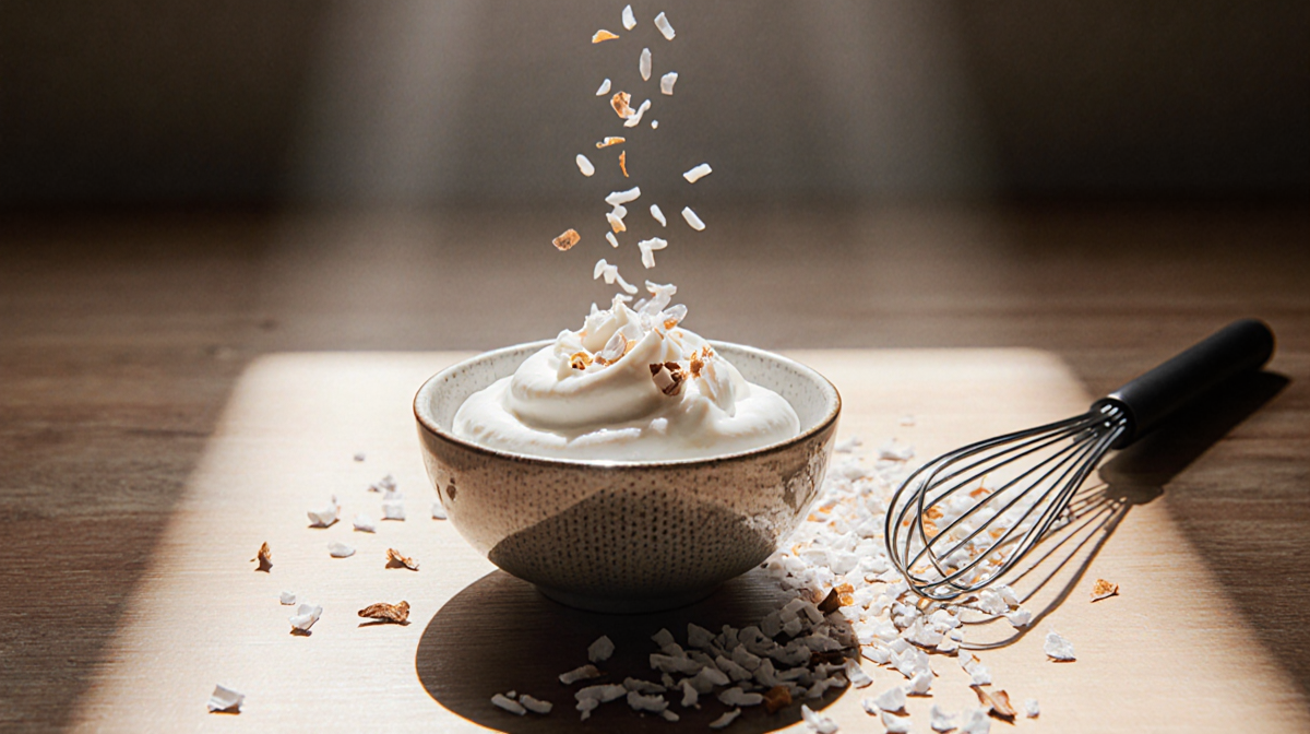 Bowl of creamy Greek yogurt being sprinkled with coconut flakes with soft natural light from above on a minimalist Japanese w