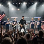 Green Day performs American Idiot at Super Bowl LX with NFL MVPs on stage and fans cheering in team jerseys