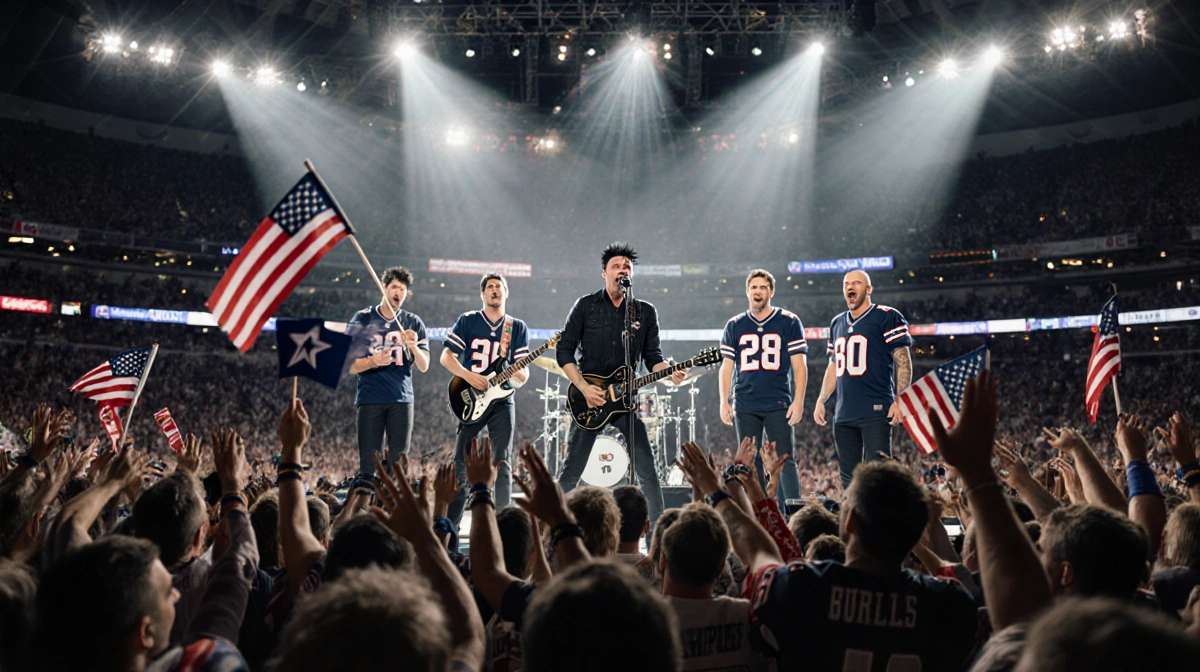 Green Day performs American Idiot at Super Bowl LX with NFL MVPs on stage and fans cheering in team jerseys