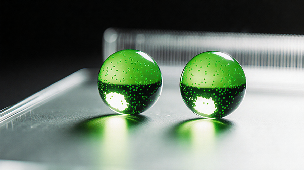 Two green quantum dots sit side by side on a clean lab surface with a small ruler in background and color differences