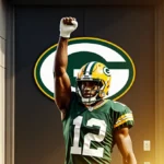 Trevon Diggs raises his arm with Packers logo on stadium door and American flag behind signaling football victory