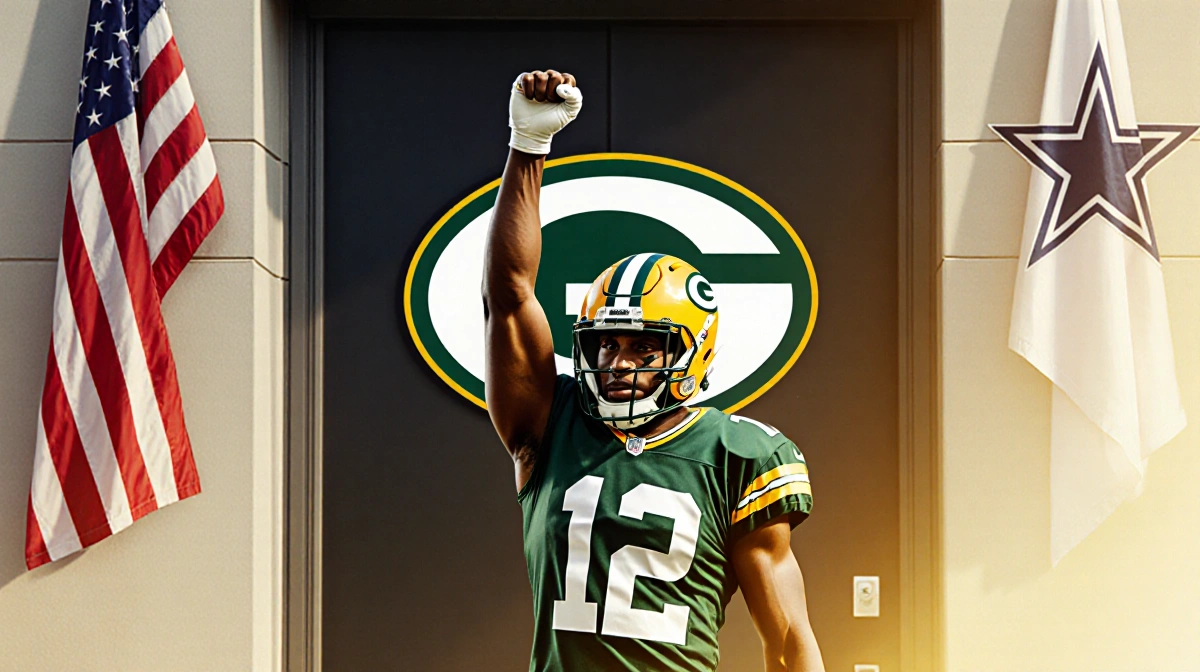 Trevon Diggs raises his arm with Packers logo on stadium door and American flag behind signaling football victory