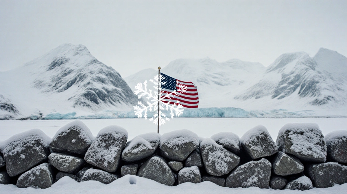 American flag fades into frost with icy mountains rising behind stone wall