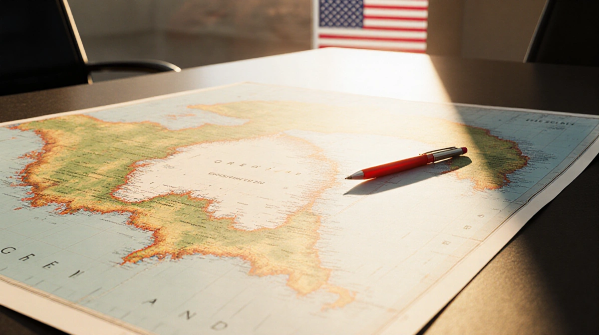 Hand traces Greenland map outline with red pen while American flag fades in background under warm golden light