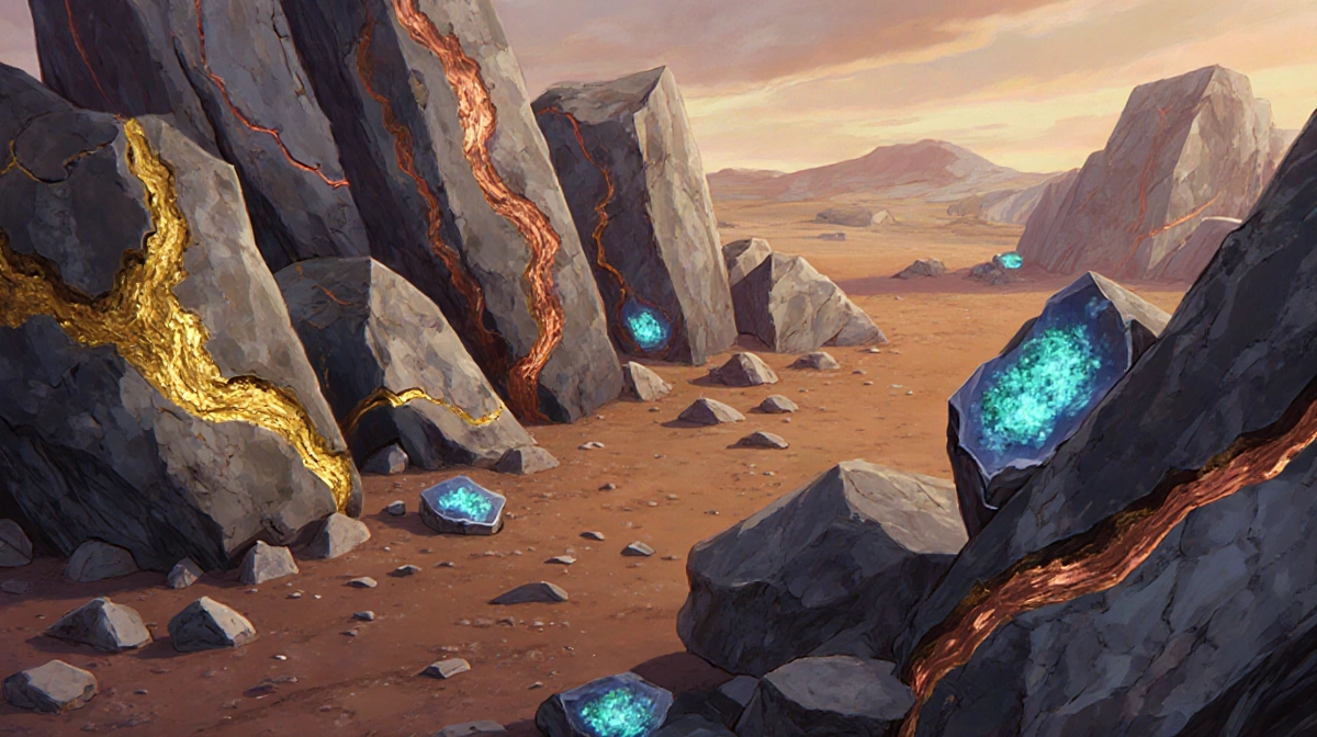 Greenland's rocky landscape reveals gold and iron veins with copper quartz and glowing blue rare earth minerals