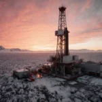 Aerial view shows futuristic drilling rig extracting critical minerals with sunset casting orange glow over Greenland