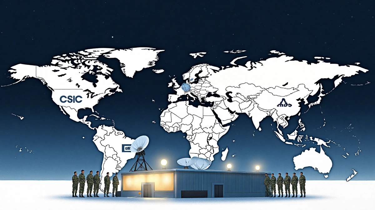 US military personnel stand near Pituffik Space Base with satellite dishes and Greenland's strategic location showing on styl