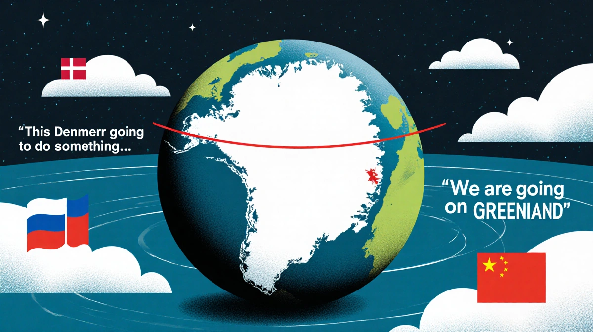Stylized globe shows Greenland with red line crossing it and subtle Russian and Chinese symbols in surrounding waters