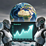 Four robots gather around a glowing Bitcoin graph screen with a central globe amid icy gray dystopia