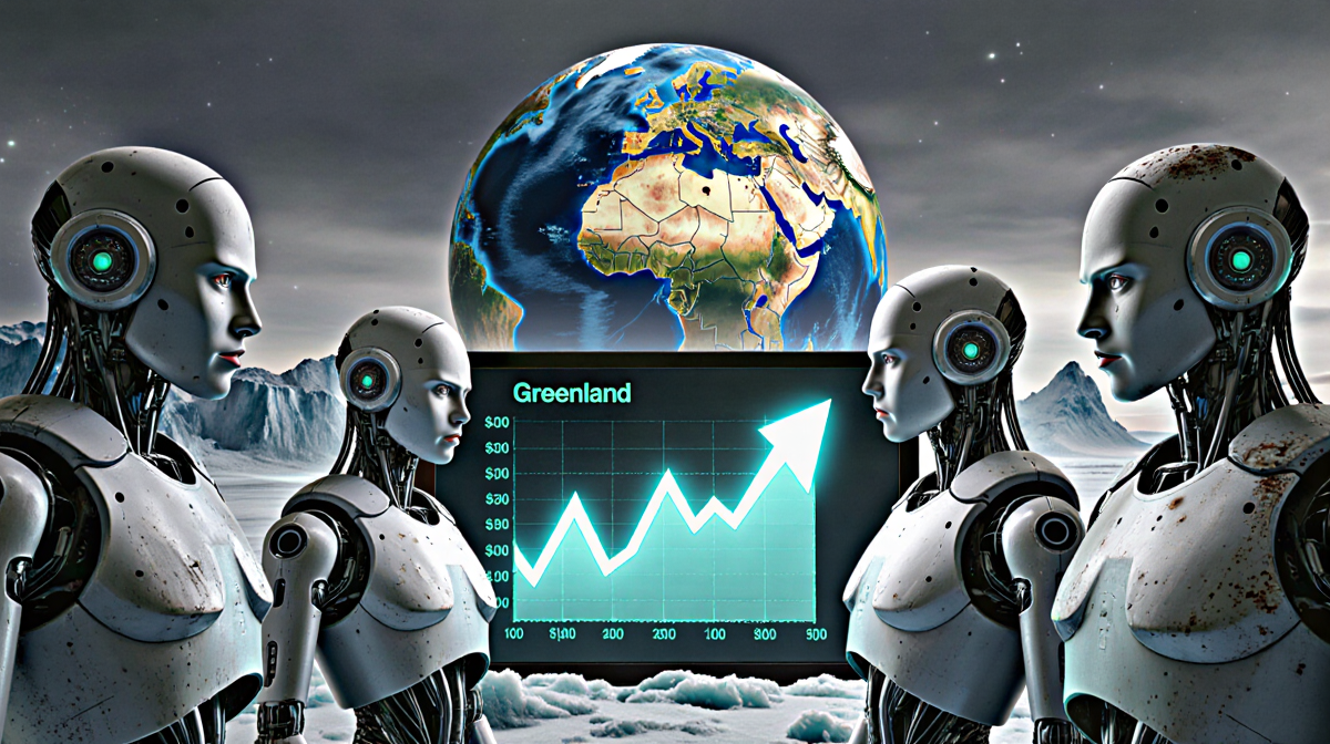 Four robots gather around a glowing Bitcoin graph screen with a central globe amid icy gray dystopia