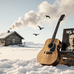 Guitar rests on weathered crate beside Harvest album with snow‑covered cabin and soft golden light.