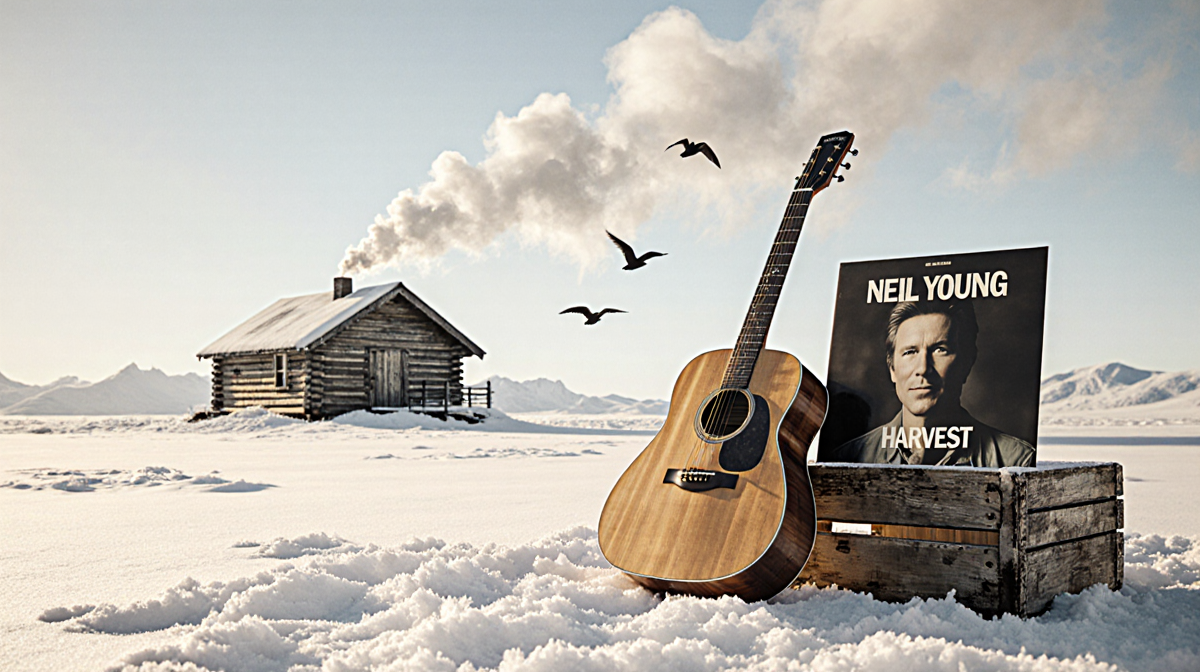 Guitar rests on weathered crate beside Harvest album with snow‑covered cabin and soft golden light.