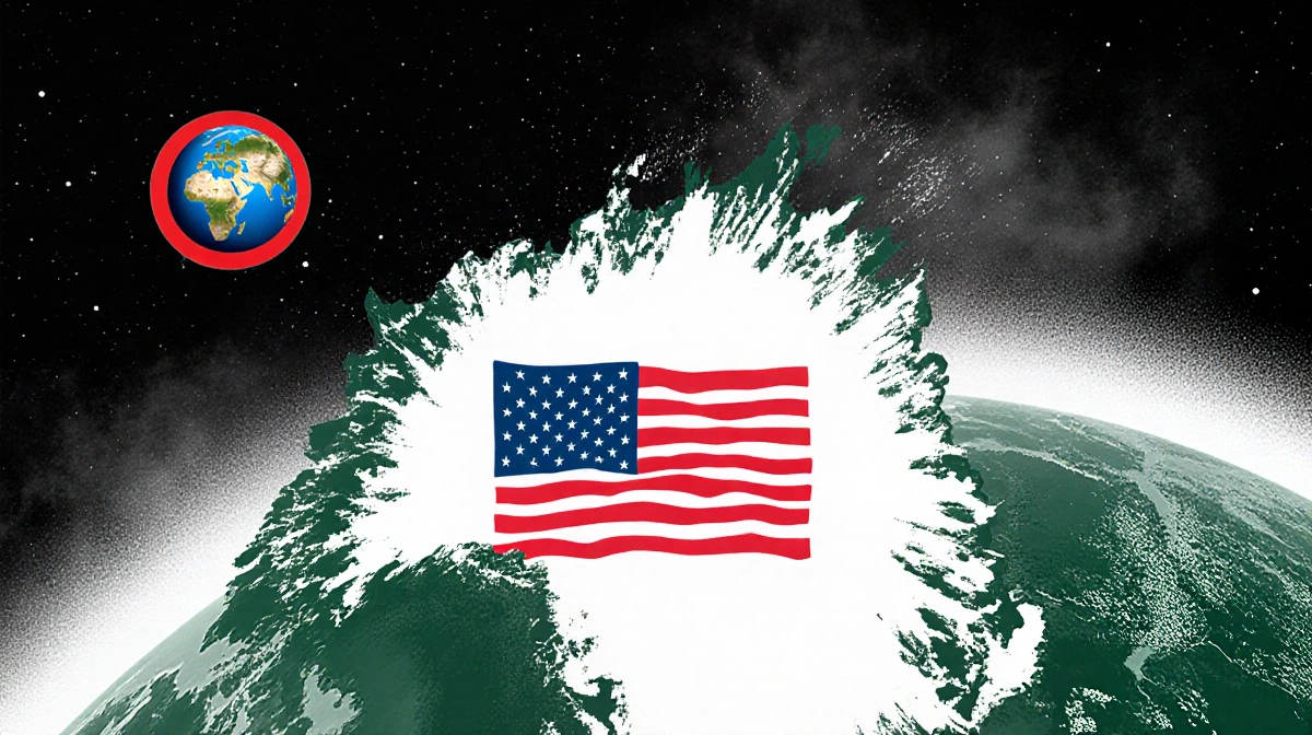 Map of Greenland showing U.S. flag over island with faint globe and red circle in background.