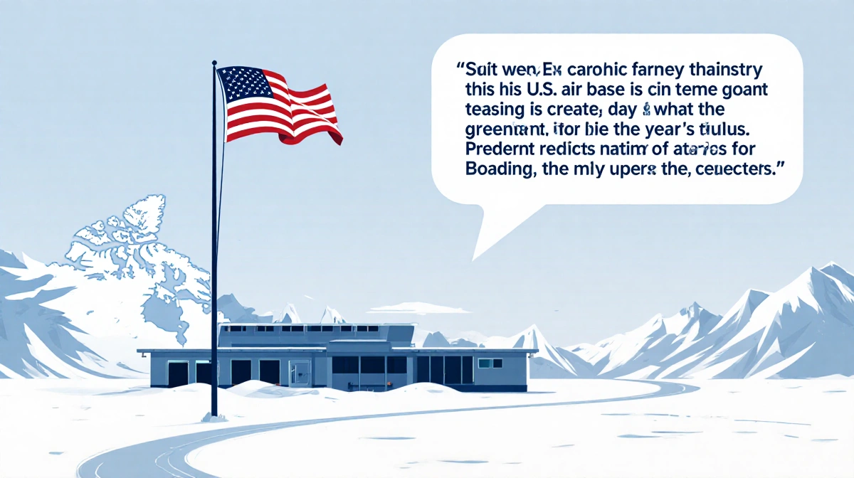 American flag waves over Greenland air base with Arctic map and presidential speech bubble showing urgency
