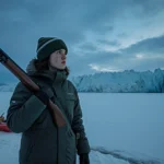 Greenlandic biathlete standing at frozen lake with rifle over shoulder and glacier in background