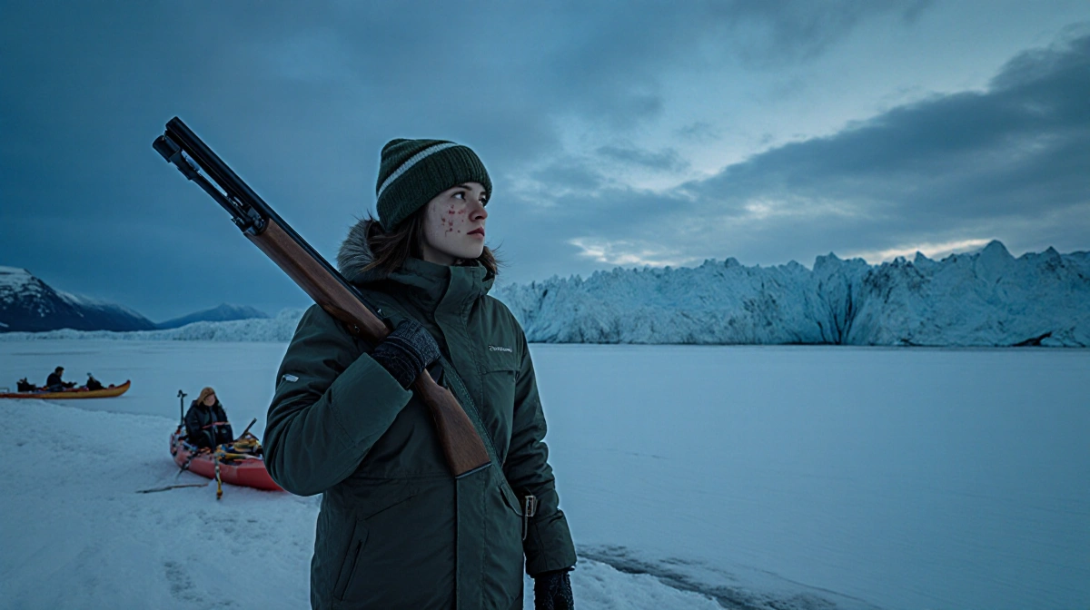 Greenlandic biathlete standing at frozen lake with rifle over shoulder and glacier in background