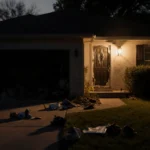 Shattered front door hangs open at dusk with broken porch light casting long shadows across scattered belongings