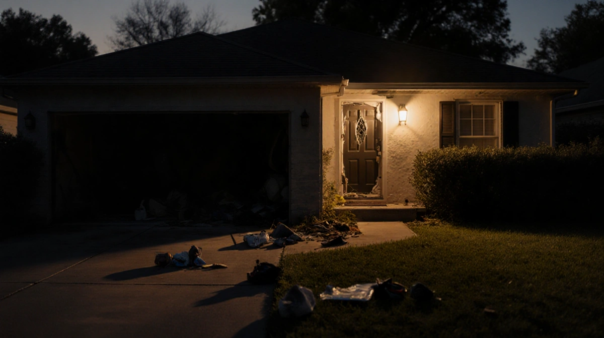 Shattered front door hangs open at dusk with broken porch light casting long shadows across scattered belongings