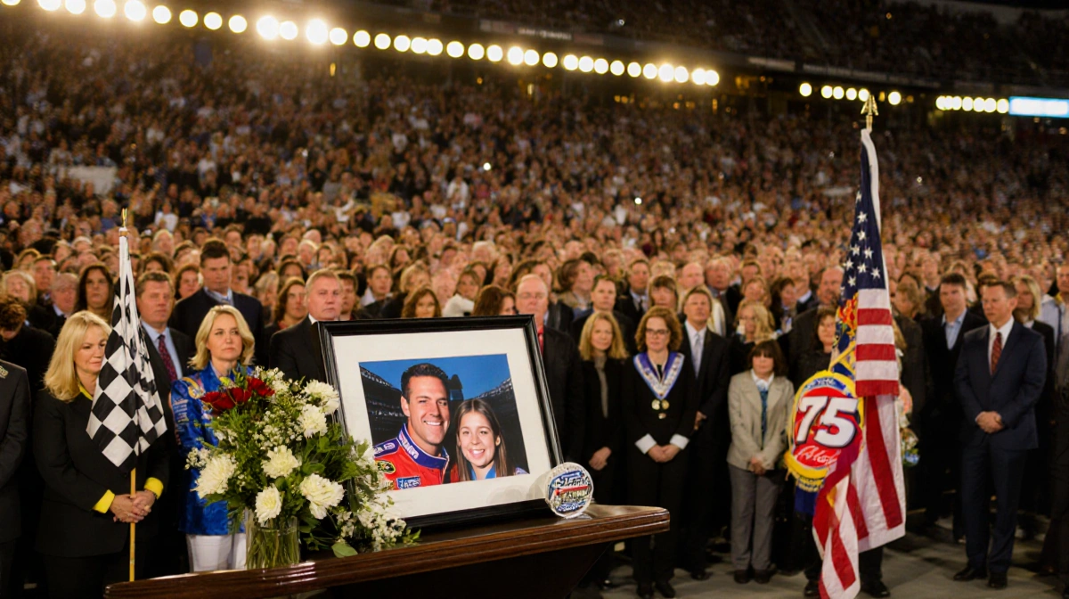 Greg Biffle memorial service honors racing legend with framed photo and flowers on podium