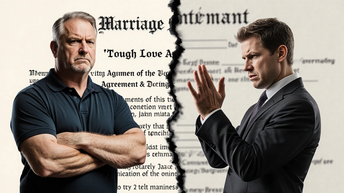 Greg standing with arms crossed in a tough-love stance while Jake holds hands up in defense, torn marriage page in background