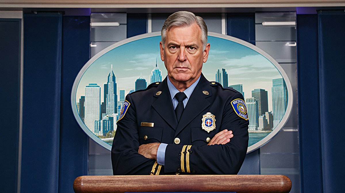ICE officer Gregory Bovino stands at podium with stern face and crossed arms near Minneapolis skyline.