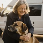 Renee Good hugs her recovered dog with an ICE van visible in the background showing where the shooting happened