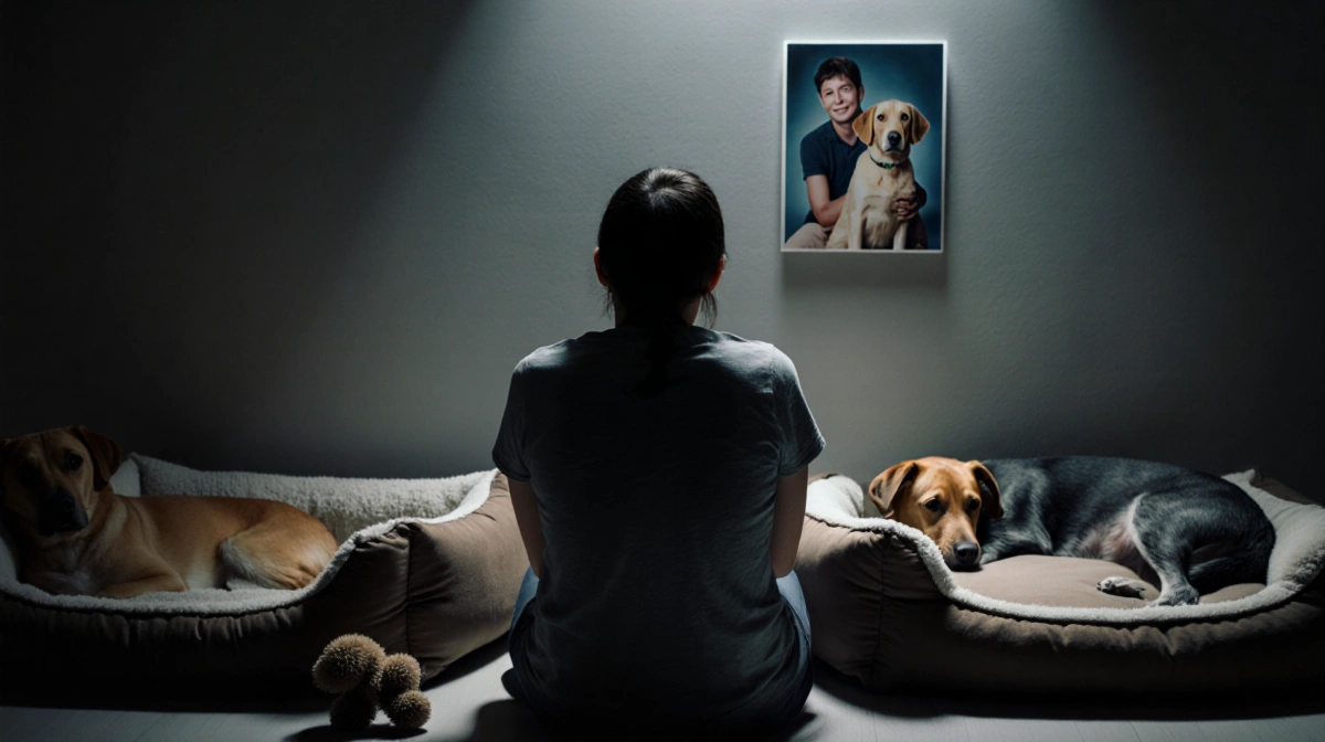 Person grieving in dim room with empty pet beds and photo of lost loved ones showing deep sadness