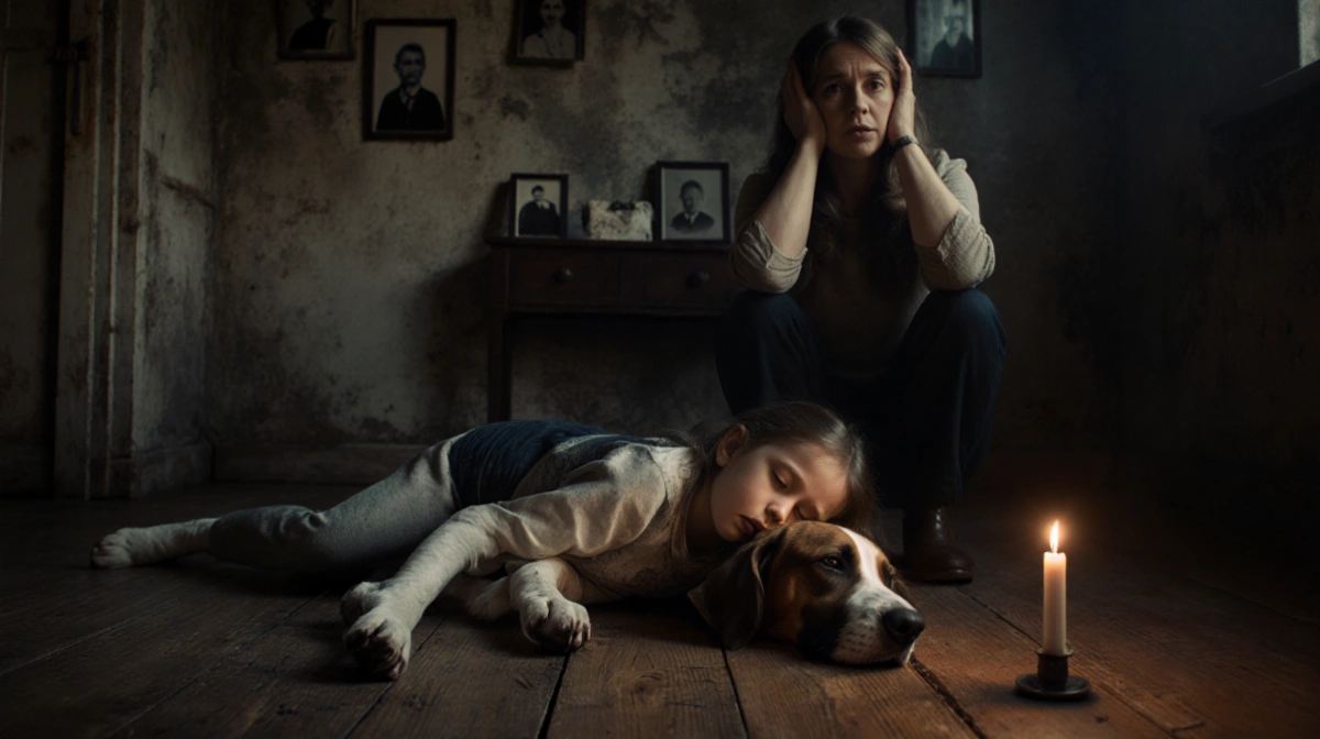 Young girl lies motionless with dog