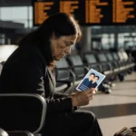Grieving mother sits alone at airport gate with worn suitcase and departure board showing flights in background