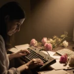 Mother cradles broken keyboard with faded love letters and scattered flowers while chatbot glows behind
