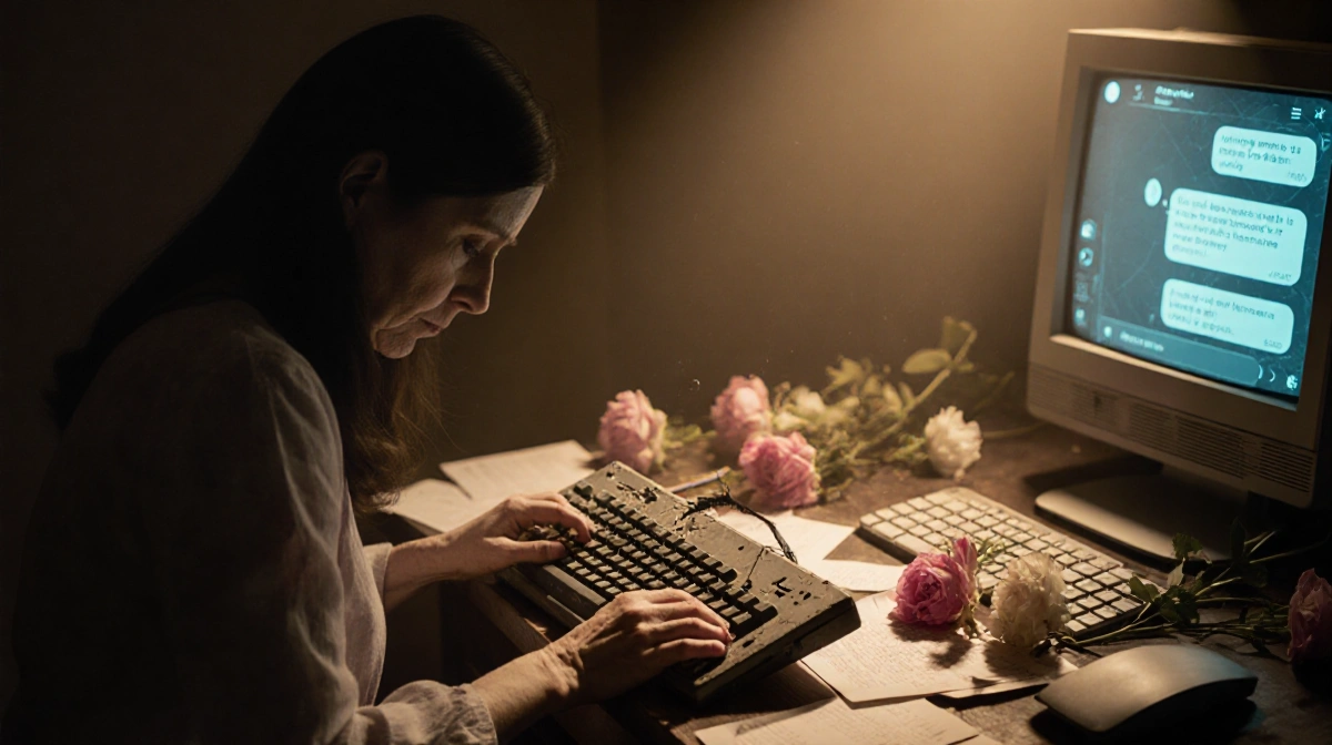 Mother cradles broken keyboard with faded love letters and scattered flowers while chatbot glows behind