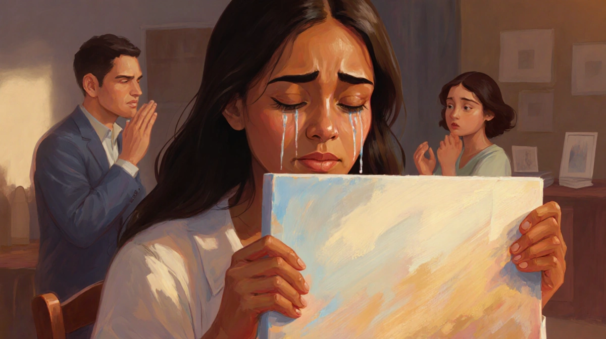 Grieving mother cradling painting with tears streaming down her face while Mcallister watches with warm lighting