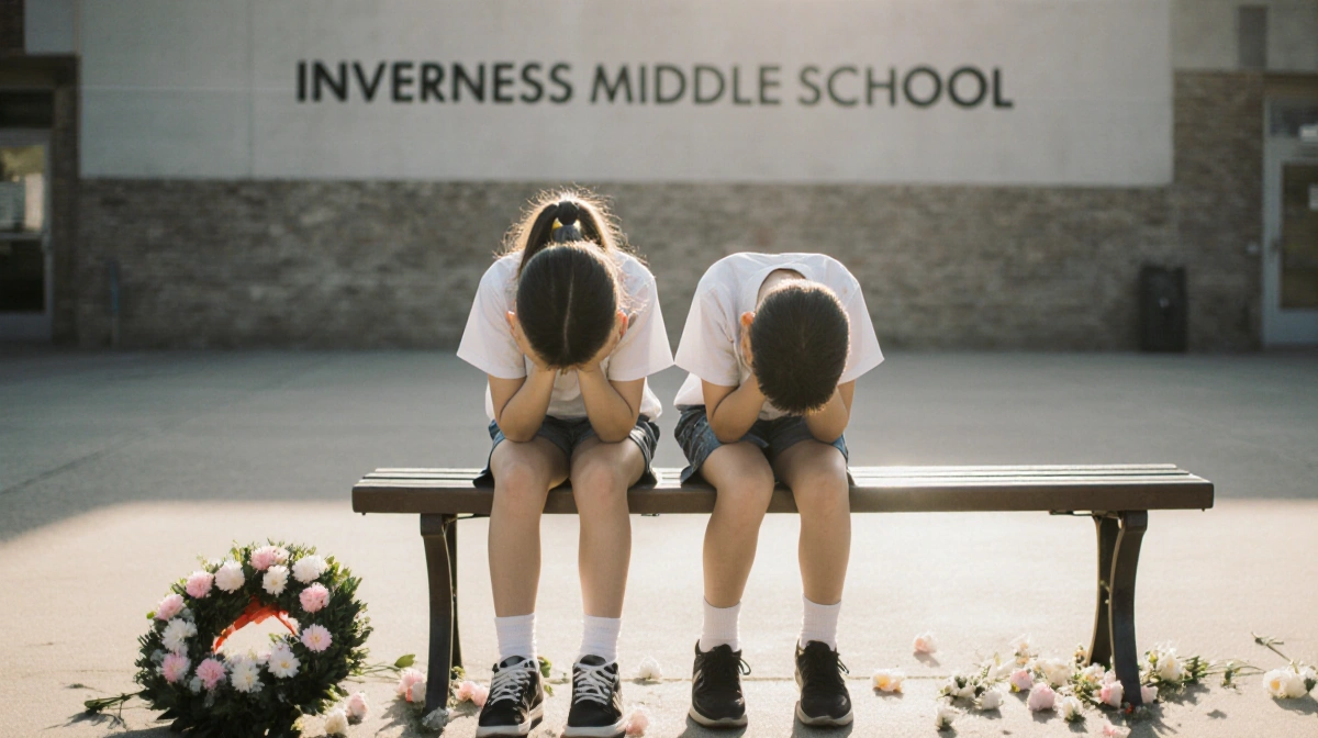 Two middle school students sitting with heads bowed on bench with flowers at base showing school grief support
