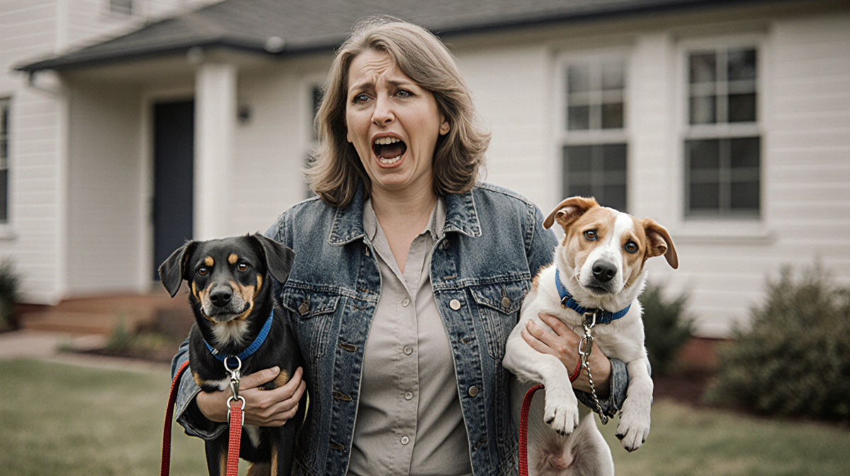 Claire Bridger standing outside estranged husband's house shockingly holding a leash with dead rescue dogs.