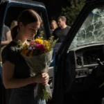 Woman holding flowers stands beside running pickup truck with grief-stricken mourners visible through windows