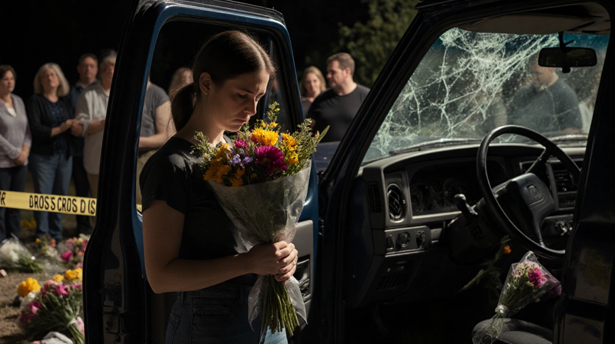 Woman holding flowers stands beside running pickup truck with grief-stricken mourners visible through windows