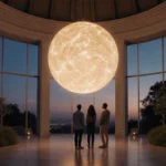 Visitors gazing up at glowing celestial sphere with constellation patterns at Griffith Observatory exhibit