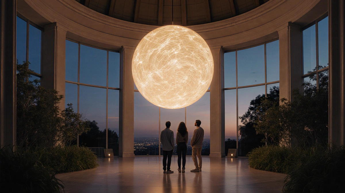 Visitors gazing up at glowing celestial sphere with constellation patterns at Griffith Observatory exhibit