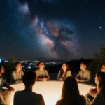 Visitors relax at Griffith Observatory sound bath with Milky Way above and city lights below