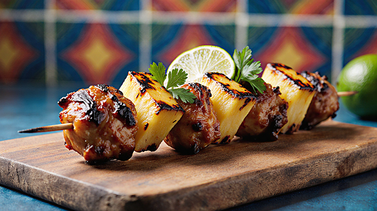 Juicy grilled chicken skewer with meat cilantro pineapple lime on rustic wooden board with blurred Mexican textile background